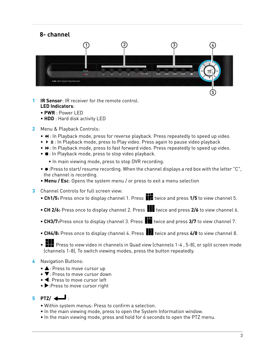 2 menu & playback controls, 3 channel controls for full screen view, 4 navigation buttons | 5 ptz, Channel | LOREX Technology Lorex Digital Video Surveillance Recorder lh1 10 User Manual | Page 17 / 168