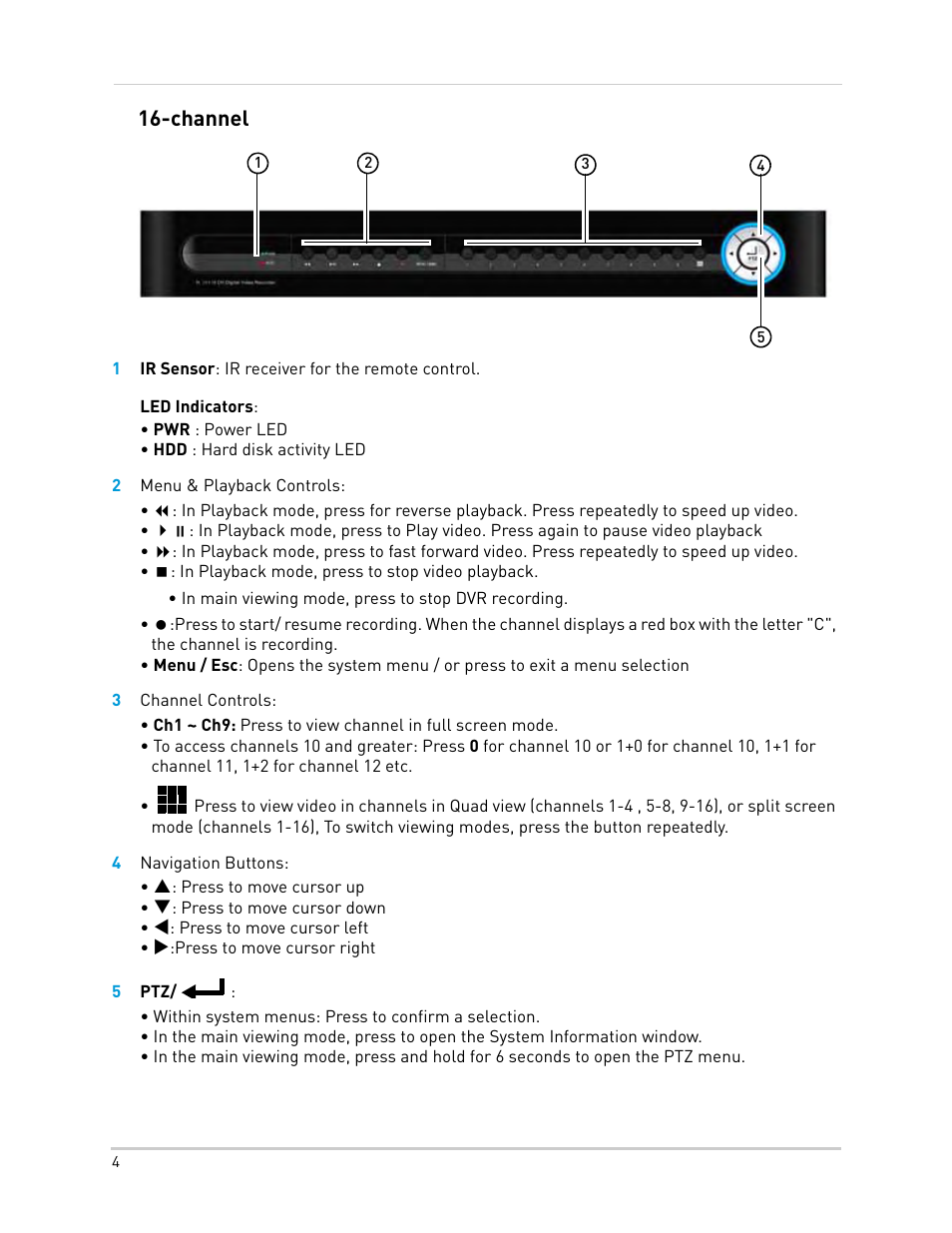 2 menu & playback controls, 3 channel controls, 4 navigation buttons | 5 ptz, Channel | LOREX Technology Lorex Digital Video Surveillance Recorder lh1 10 User Manual | Page 18 / 168