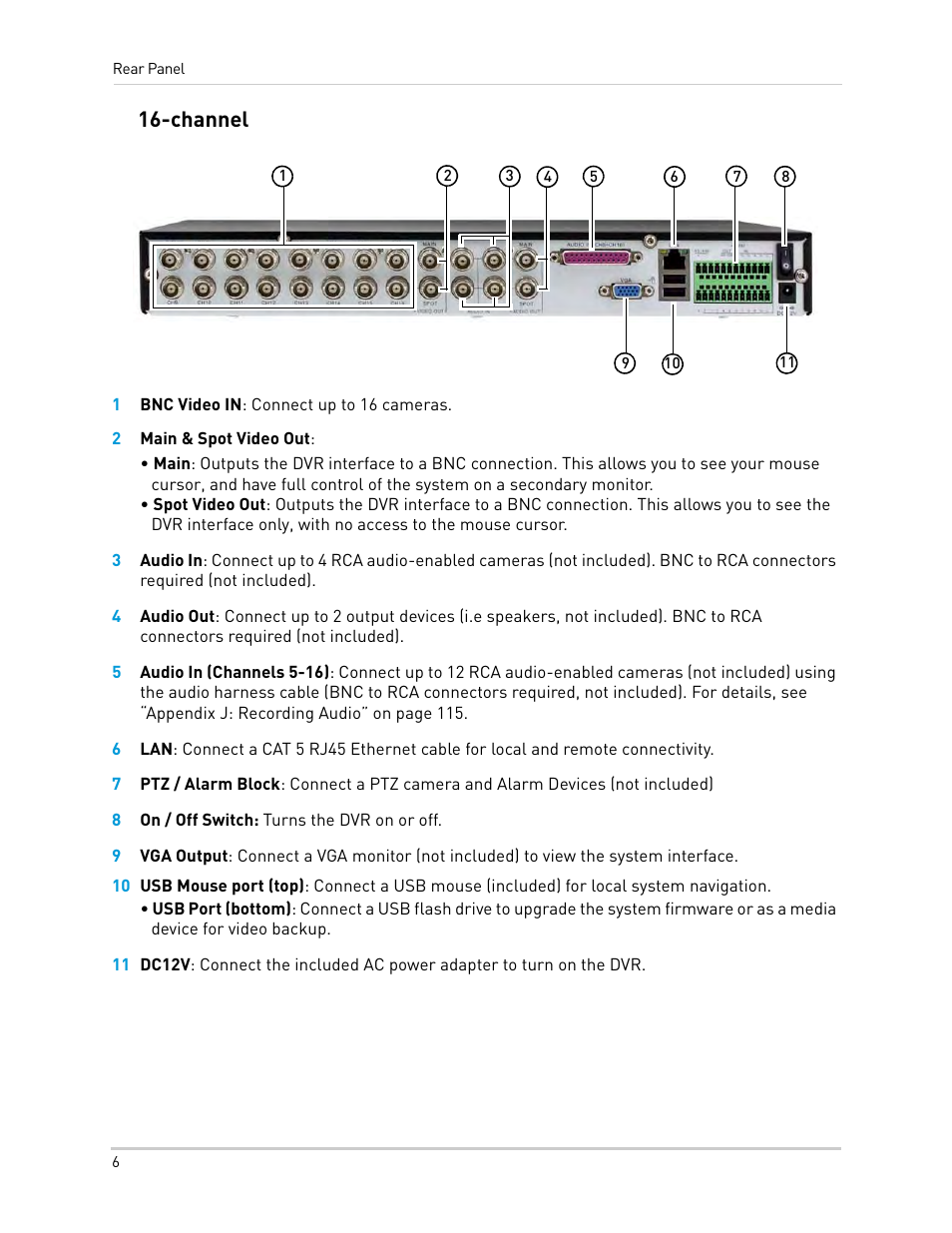 1 bnc video in: connect up to 16 cameras, 2 main & spot video out, 8 on / off switch: turns the dvr on or off | Channel | LOREX Technology Lorex Digital Video Surveillance Recorder lh1 10 User Manual | Page 20 / 168
