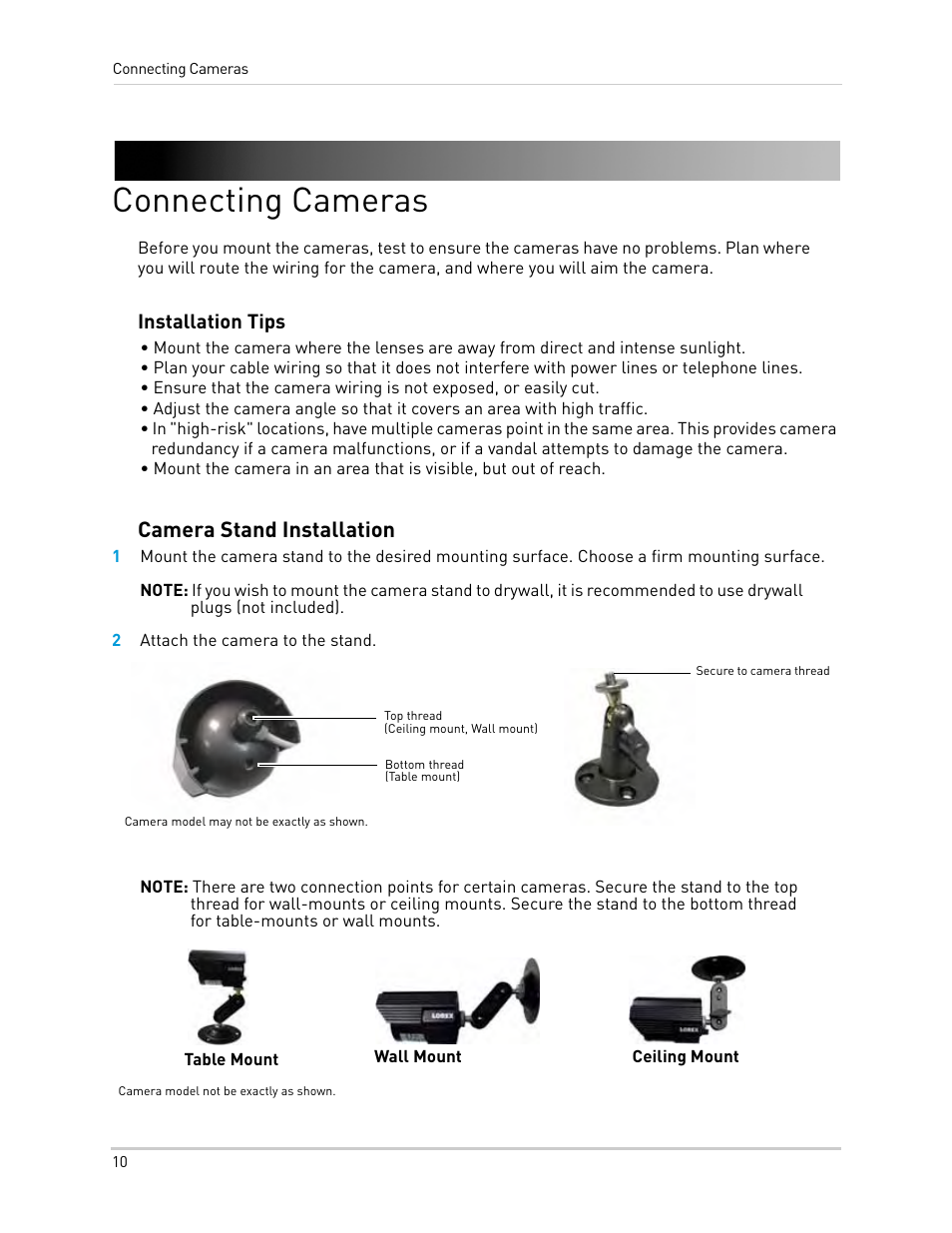 Connecting cameras, 2 attach the camera to the stand, Camera stand installation | LOREX Technology Lorex Digital Video Surveillance Recorder lh1 10 User Manual | Page 24 / 168