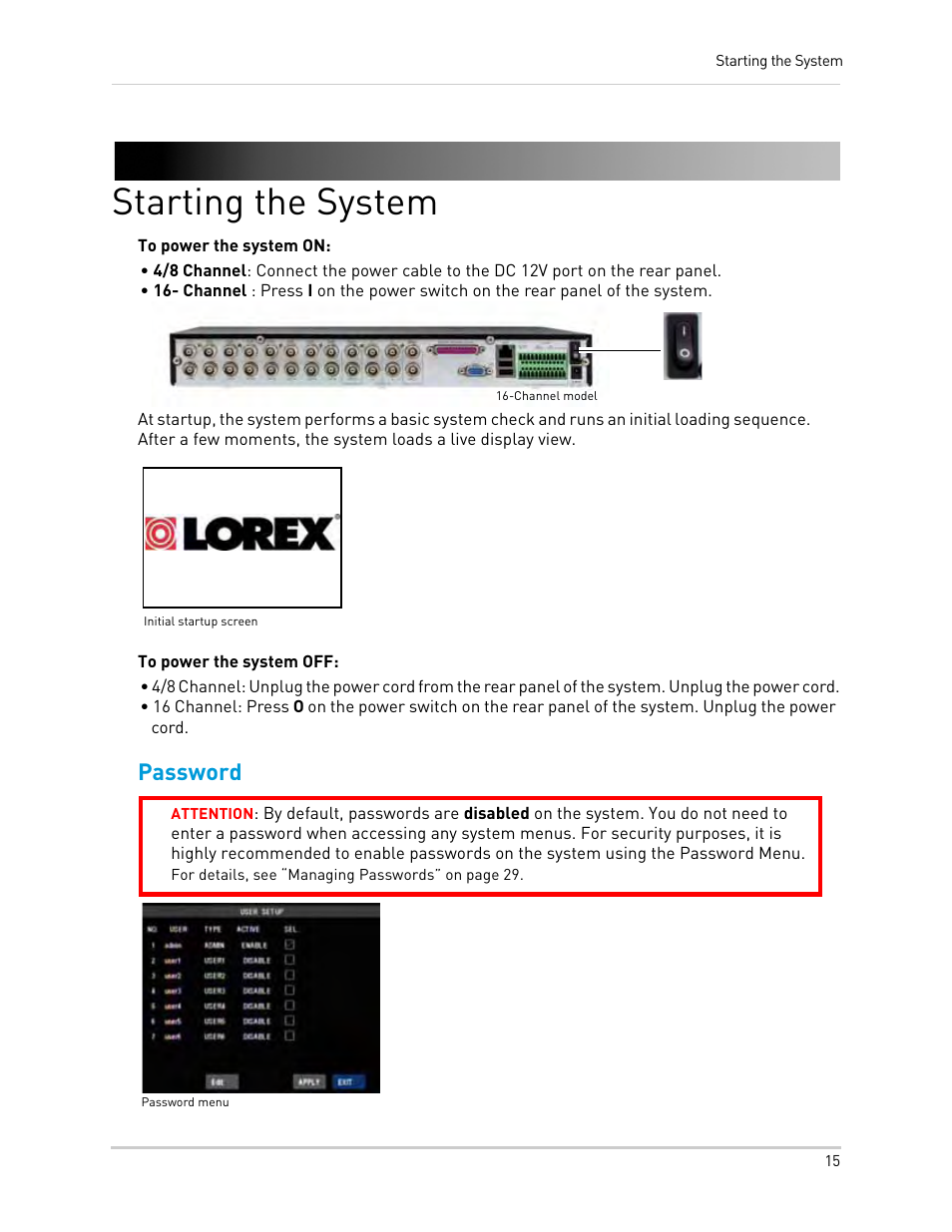 Starting the system, Password | LOREX Technology Lorex Digital Video Surveillance Recorder lh1 10 User Manual | Page 29 / 168