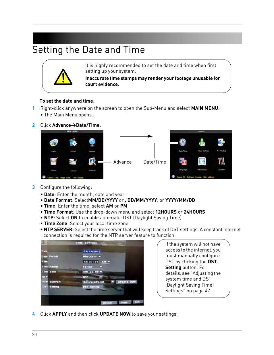 Setting the date and time, 2 click advance>date/time, 3 configure the following | LOREX Technology Lorex Digital Video Surveillance Recorder lh1 10 User Manual | Page 34 / 168