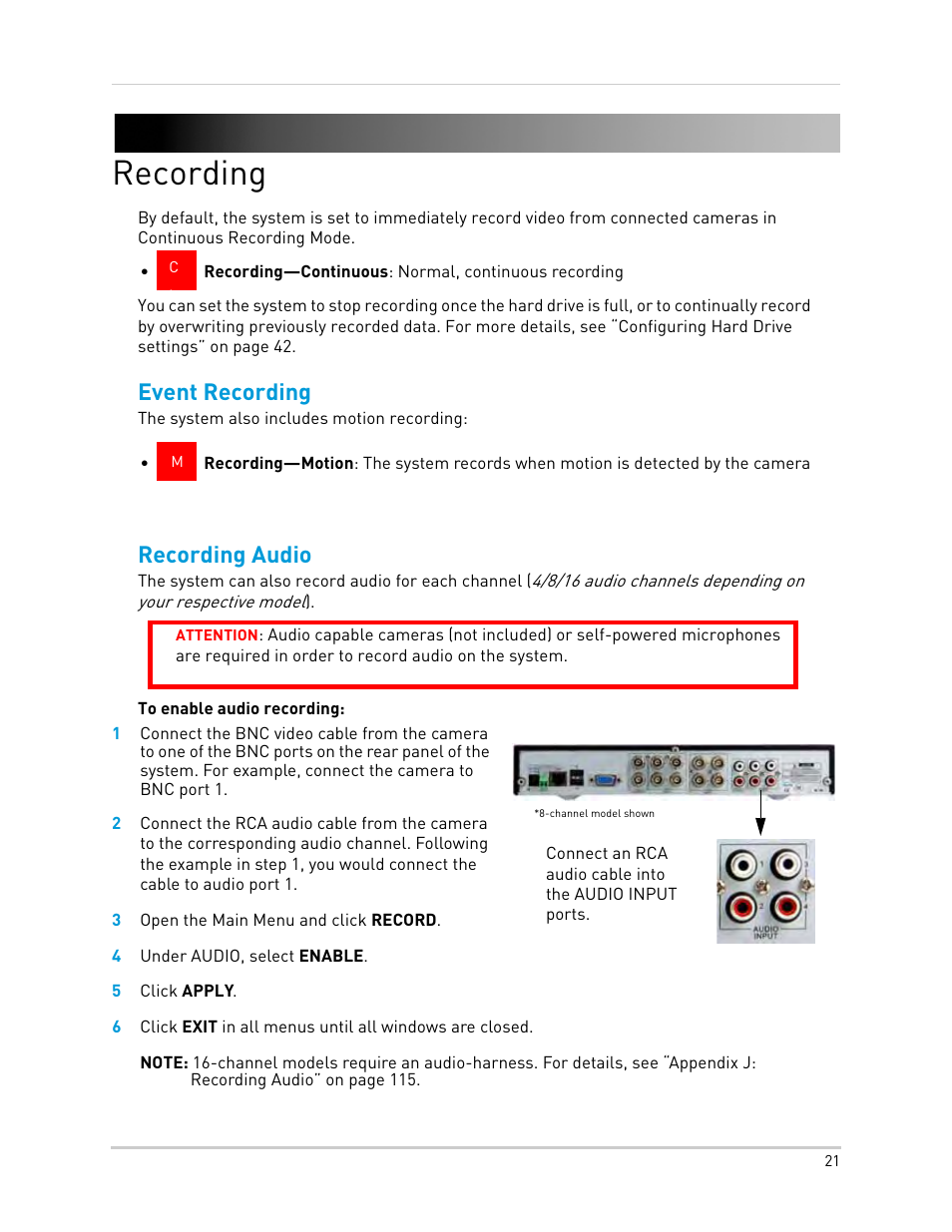 Recording, 3 open the main menu and click record, 4 under audio, select enable | 5 click apply, Event recording recording audio, Event recording, Recording audio | LOREX Technology Lorex Digital Video Surveillance Recorder lh1 10 User Manual | Page 35 / 168