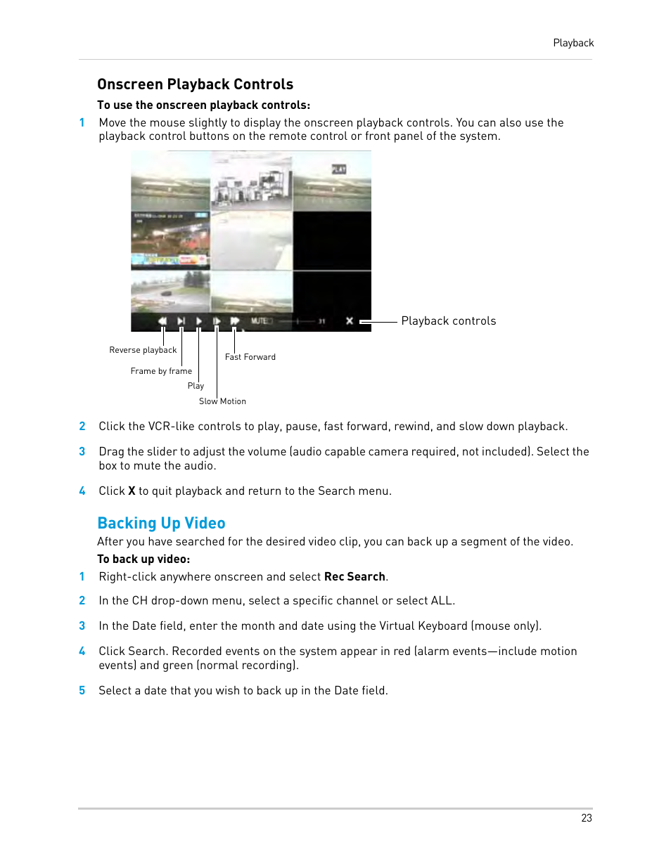 Backing up video, Onscreen playback controls | LOREX Technology Lorex Digital Video Surveillance Recorder lh1 10 User Manual | Page 37 / 168