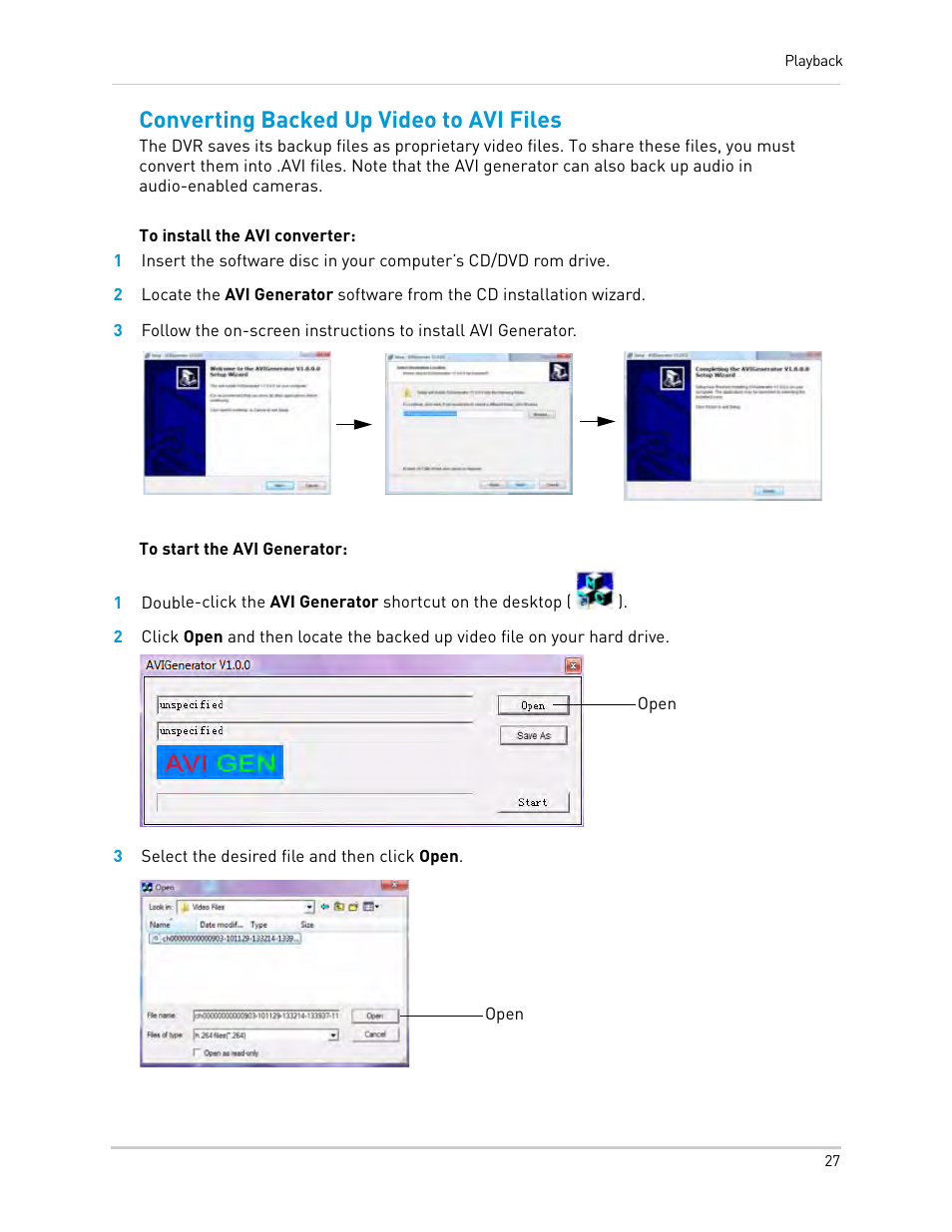 3 select the desired file and then click open, Converting backed up video to avi files | LOREX Technology Lorex Digital Video Surveillance Recorder lh1 10 User Manual | Page 41 / 168