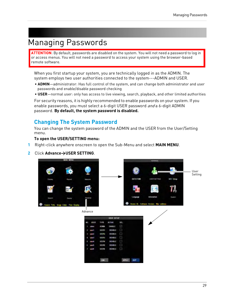 Managing passwords, 2 click advance>user setting, Changing the system password | LOREX Technology Lorex Digital Video Surveillance Recorder lh1 10 User Manual | Page 43 / 168