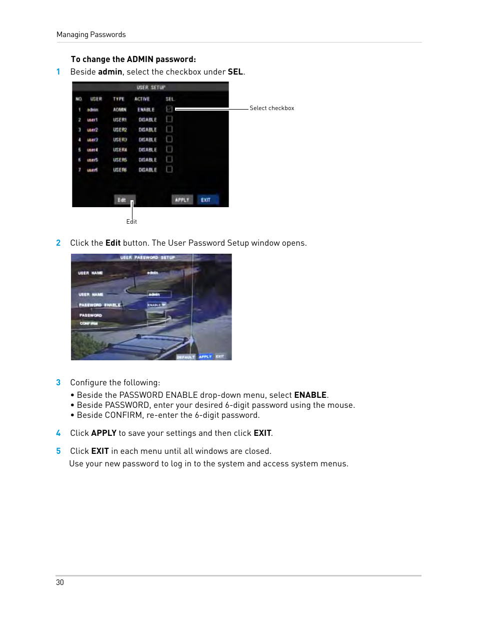 1 beside admin, select the checkbox under sel, 3 configure the following | LOREX Technology Lorex Digital Video Surveillance Recorder lh1 10 User Manual | Page 44 / 168