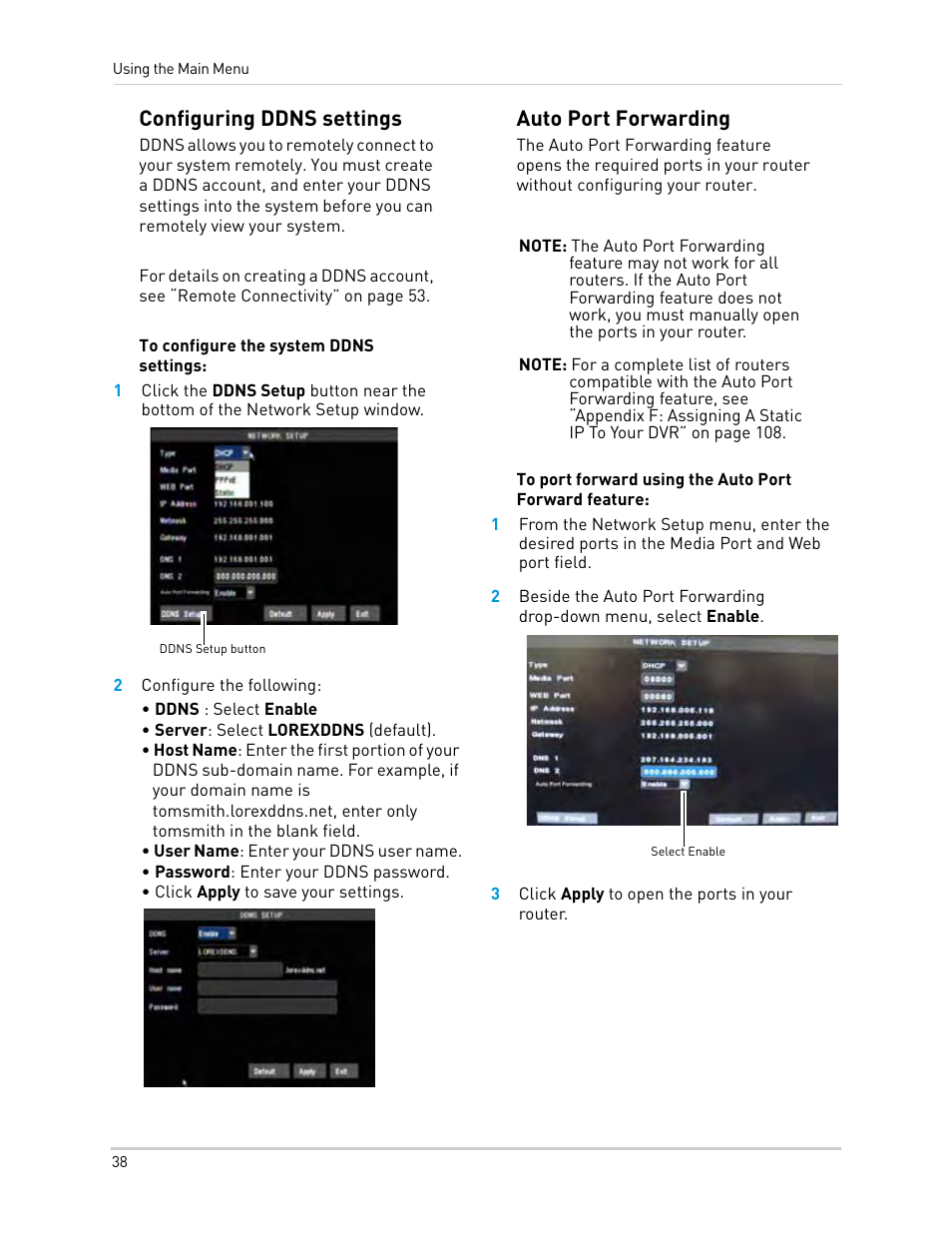 2 configure the following, 3 click apply to open the ports in your router, Configuring ddns settings auto port forwarding | Configuring ddns settings, Auto port forwarding | LOREX Technology Lorex Digital Video Surveillance Recorder lh1 10 User Manual | Page 52 / 168