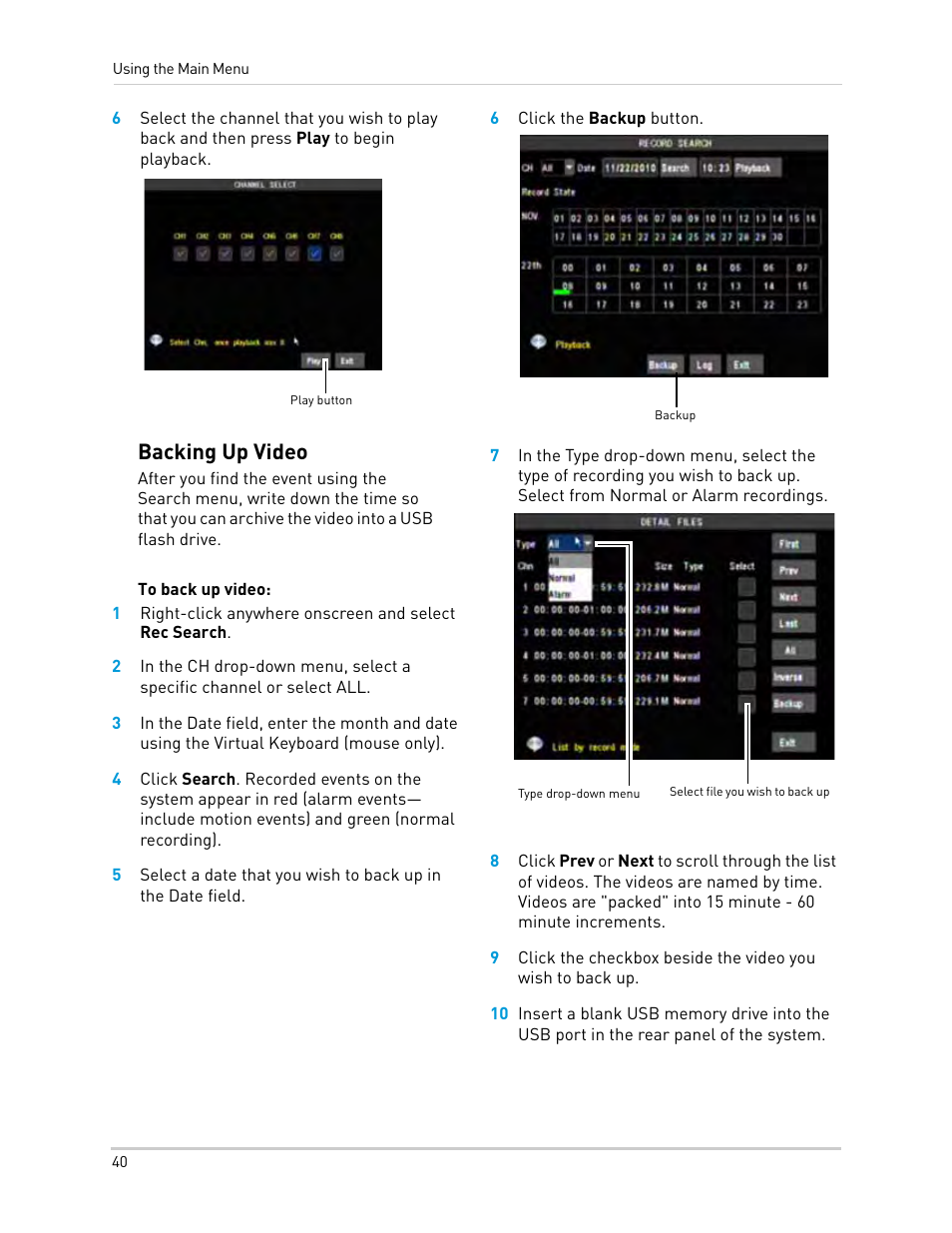 6 click the backup button, Backing up video | LOREX Technology Lorex Digital Video Surveillance Recorder lh1 10 User Manual | Page 54 / 168