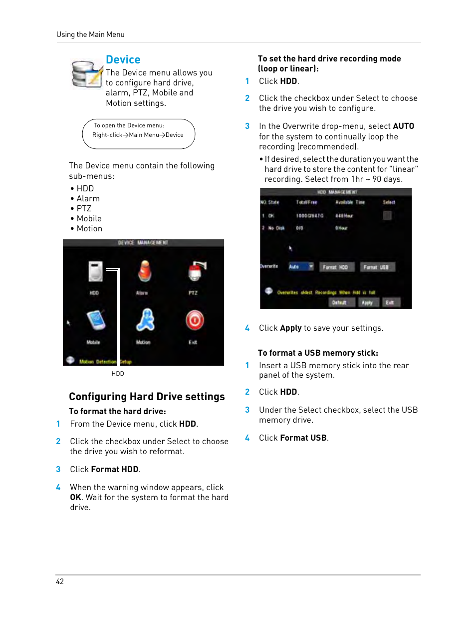 1 from the device menu, click hdd, 3 click format hdd, 1 click hdd | 4 click apply to save your settings, 2 click hdd, 4 click format usb, Device, Configuring hard drive settings | LOREX Technology Lorex Digital Video Surveillance Recorder lh1 10 User Manual | Page 56 / 168