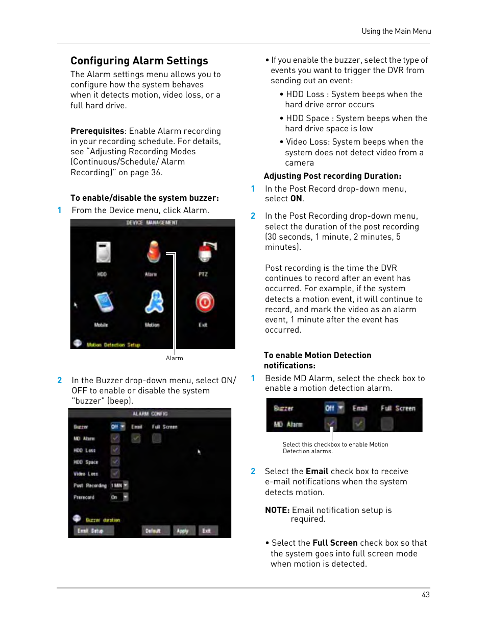 1 from the device menu, click alarm, 1 in the post record drop-down menu, select on, Configuring alarm settings | LOREX Technology Lorex Digital Video Surveillance Recorder lh1 10 User Manual | Page 57 / 168