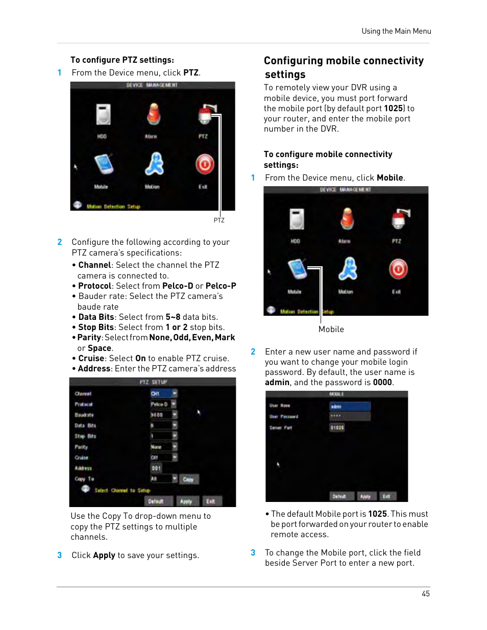1 from the device menu, click ptz, 3 click apply to save your settings, 1 from the device menu, click mobile | Configuring mobile connectivity settings | LOREX Technology Lorex Digital Video Surveillance Recorder lh1 10 User Manual | Page 59 / 168
