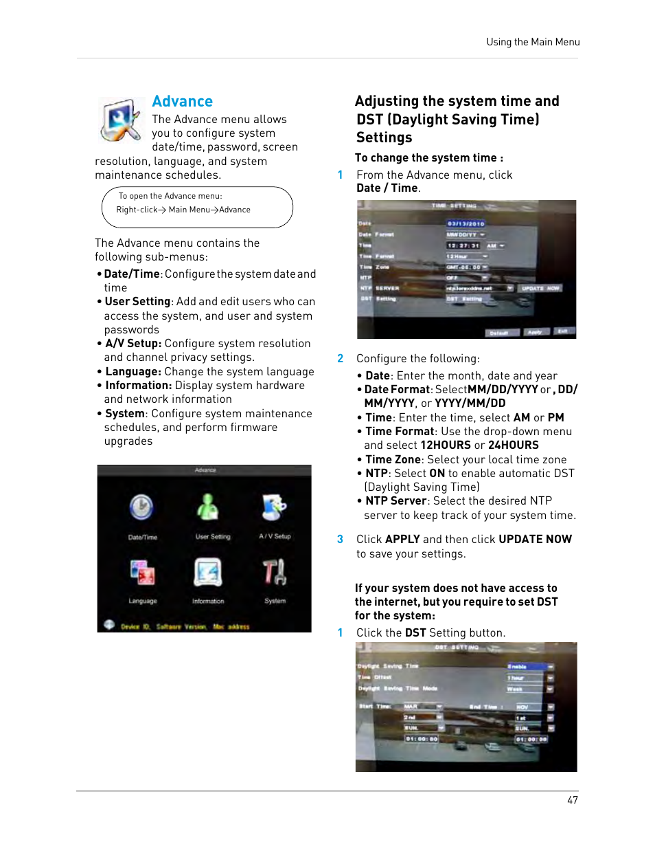 1 from the advance menu, click date / time, 2 configure the following, 1 click the dst setting button | Advance | LOREX Technology Lorex Digital Video Surveillance Recorder lh1 10 User Manual | Page 61 / 168