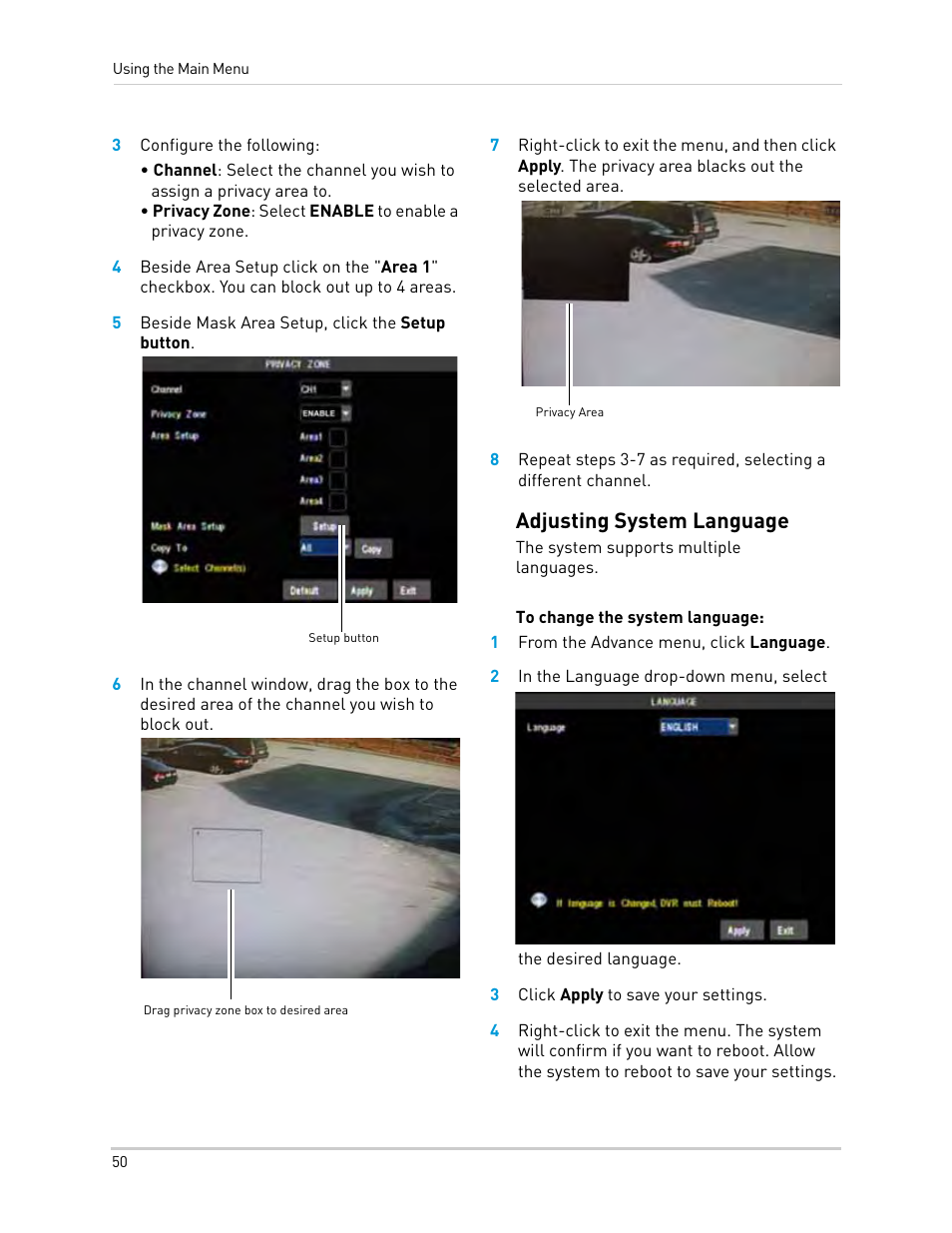 3 configure the following, 5 beside mask area setup, click the setup button, 1 from the advance menu, click language | 3 click apply to save your settings, Adjusting system language | LOREX Technology Lorex Digital Video Surveillance Recorder lh1 10 User Manual | Page 64 / 168