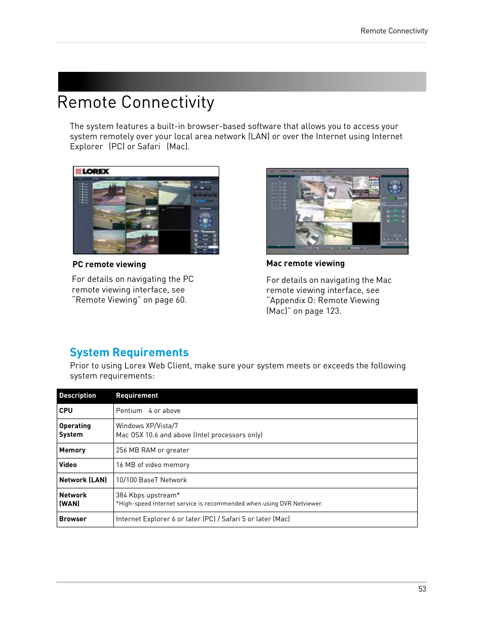 Remote connectivity, System requirements | LOREX Technology Lorex Digital Video Surveillance Recorder lh1 10 User Manual | Page 67 / 168