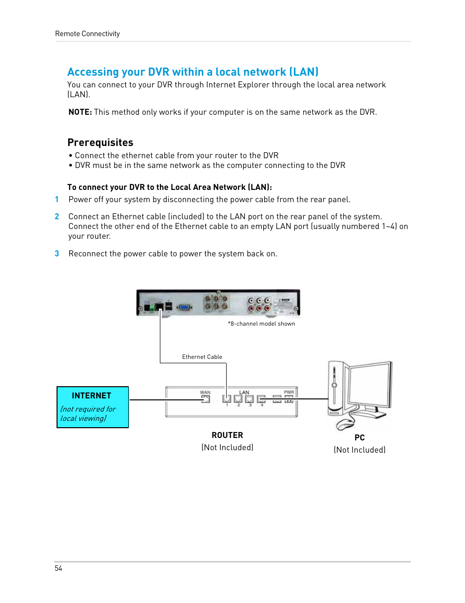 Router, Accessing your dvr within a local network (lan), Prerequisites | LOREX Technology Lorex Digital Video Surveillance Recorder lh1 10 User Manual | Page 68 / 168