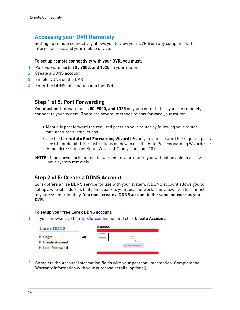 2 create a ddns account, 3 enable ddns on the dvr, 4 enter the ddns information into the dvr | Accessing your dvr remotely, Step 1 of 5: port forwarding, Step 2 of 5: create a ddns account | LOREX Technology Lorex Digital Video Surveillance Recorder lh1 10 User Manual | Page 70 / 168