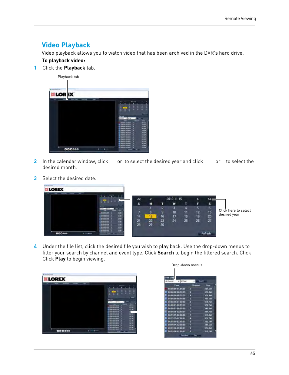 1 click the playback tab, 3 select the desired date, Video playback | LOREX Technology Lorex Digital Video Surveillance Recorder lh1 10 User Manual | Page 79 / 168