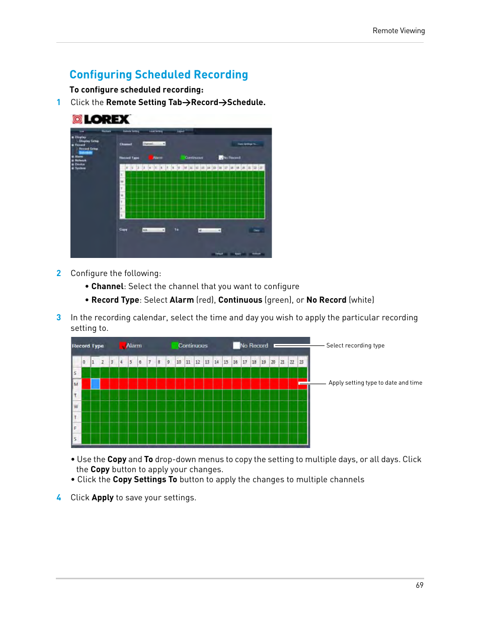 1 click the remote setting tab>record>schedule, 2 configure the following, 4 click apply to save your settings | Configuring scheduled recording | LOREX Technology Lorex Digital Video Surveillance Recorder lh1 10 User Manual | Page 83 / 168