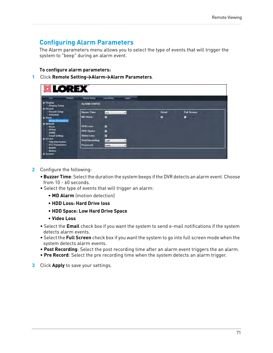 1 click remote setting>alarm>alarm parameters, 2 configure the following, 3 click apply to save your settings | Configuring alarm parameters | LOREX Technology Lorex Digital Video Surveillance Recorder lh1 10 User Manual | Page 85 / 168