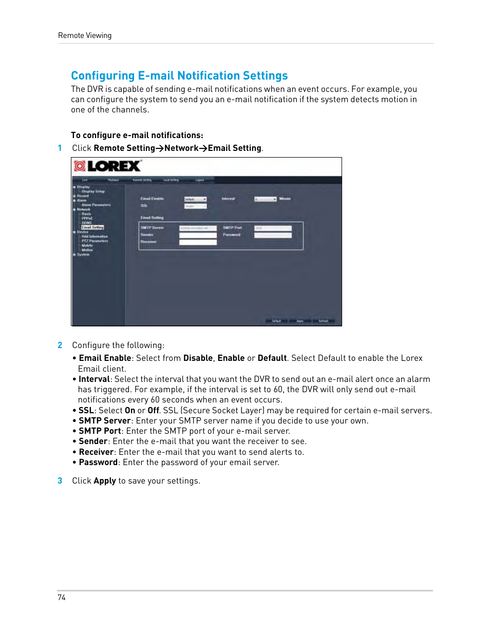 1 click remote setting>network>email setting, 2 configure the following, 3 click apply to save your settings | Configuring e-mail notification settings | LOREX Technology Lorex Digital Video Surveillance Recorder lh1 10 User Manual | Page 88 / 168