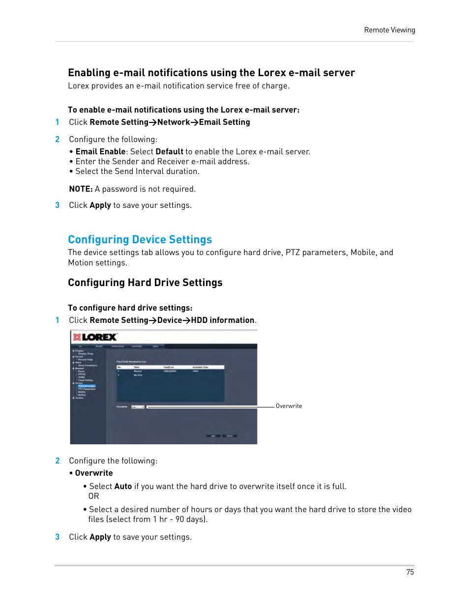 1 click remote setting>network>email setting, 2 configure the following, 3 click apply to save your settings | 1 click remote setting>device>hdd information, Configuring device settings, Configuring hard drive settings | LOREX Technology Lorex Digital Video Surveillance Recorder lh1 10 User Manual | Page 89 / 168