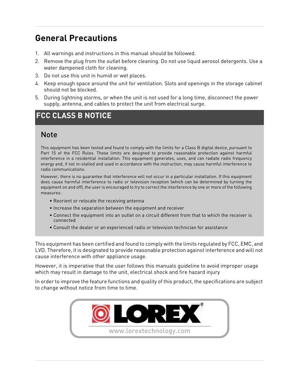 Do not use this unit in humid or wet places, Www.lorextechnology.com, General precautions | LOREX Technology Lorex Digital Video Surveillance Recorder lh1 10 User Manual | Page 9 / 168