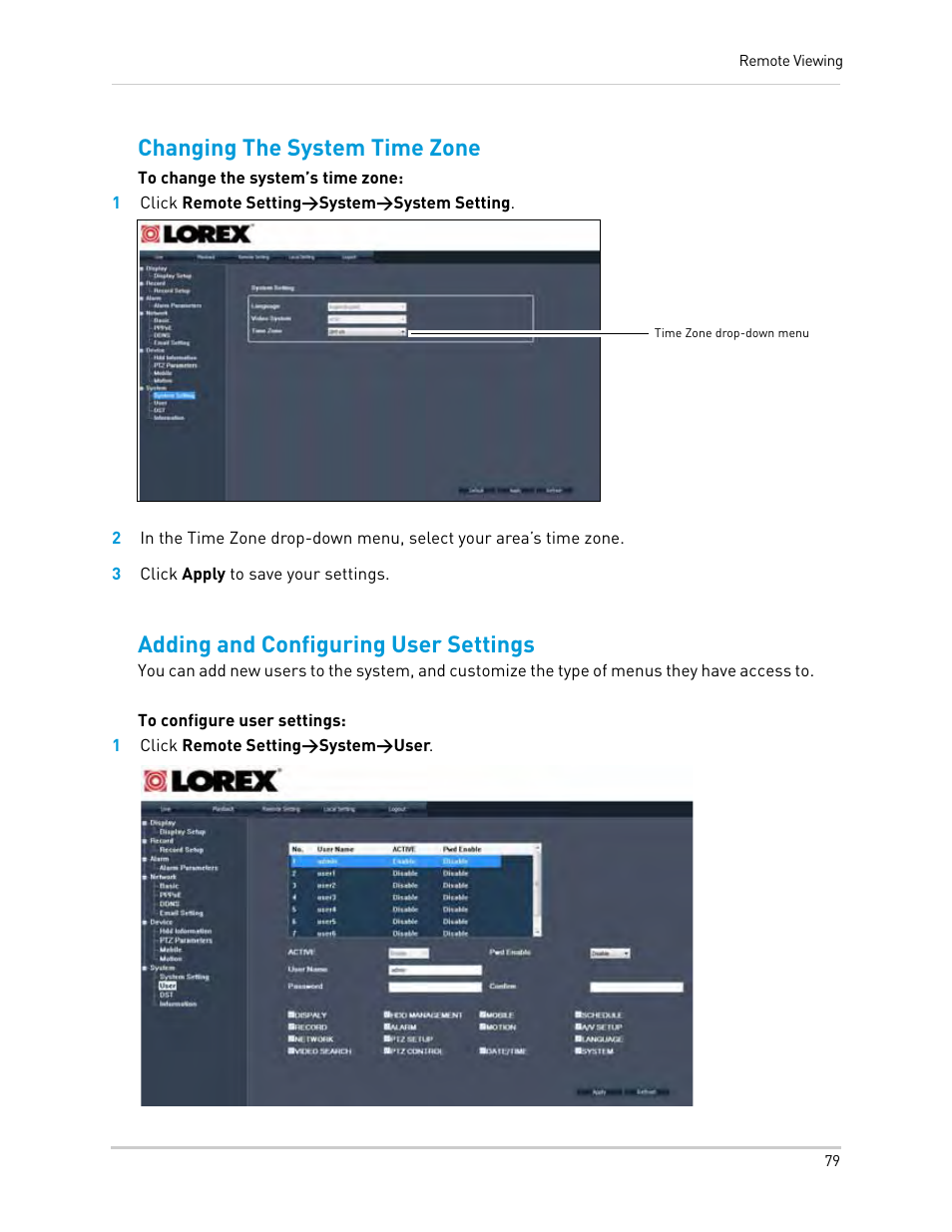 1 click remote setting>system>system setting, 3 click apply to save your settings, 1 click remote setting>system>user | Changing the system time zone, Adding and configuring user settings | LOREX Technology Lorex Digital Video Surveillance Recorder lh1 10 User Manual | Page 93 / 168