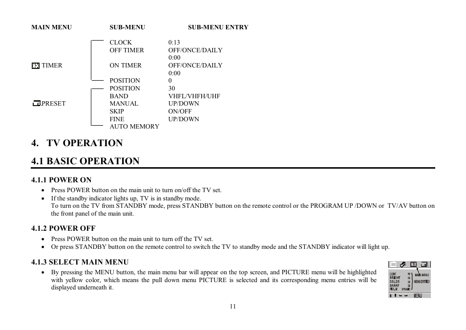 Tv operation 4.1 basic operation | Hyundai H-TV1407 User Manual | Page 11 / 48