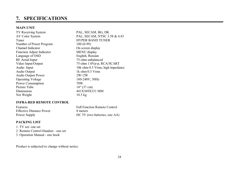 Specifications | Hyundai H-TV1407 User Manual | Page 24 / 48