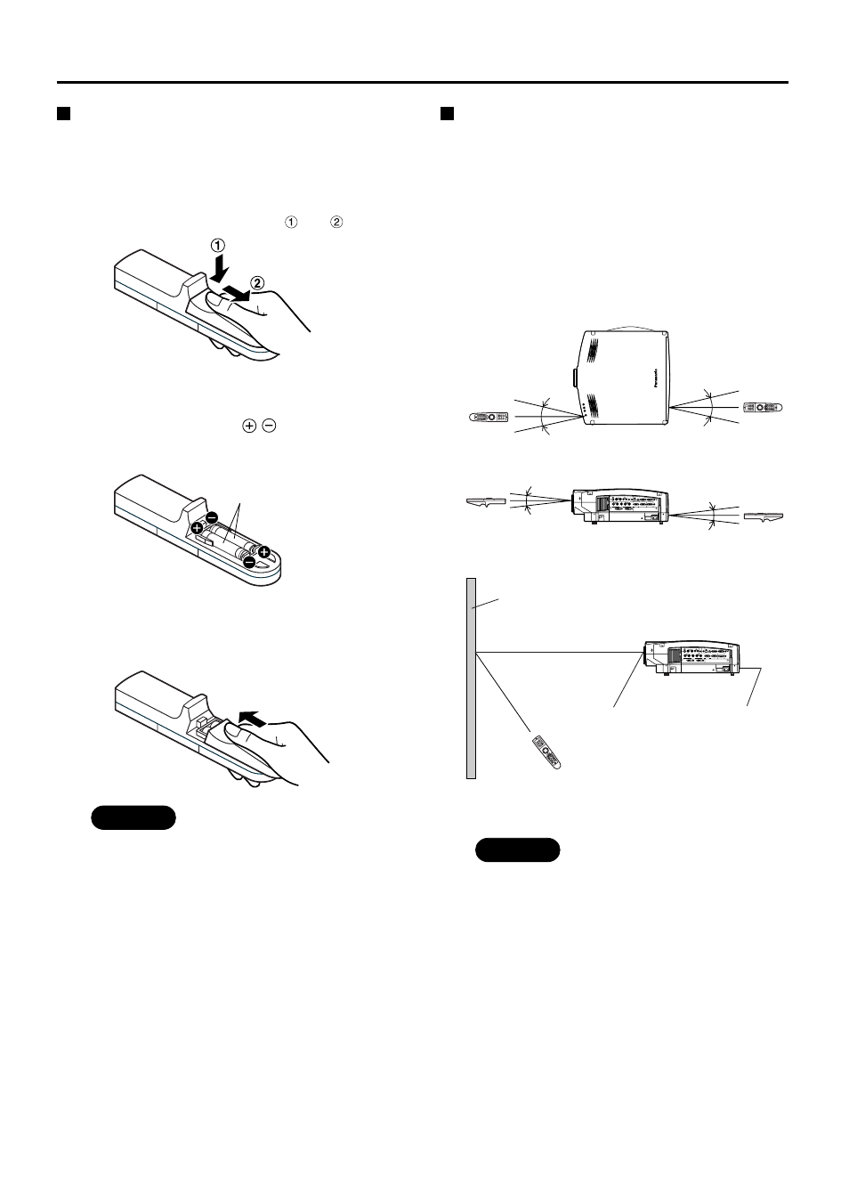 Using the remote control unit, Loading batteries, Effective control range | Open battery compartment lid, Insert the batteries, Close battery compartment lid | Luce PT-L6510E User Manual | Page 14 / 50