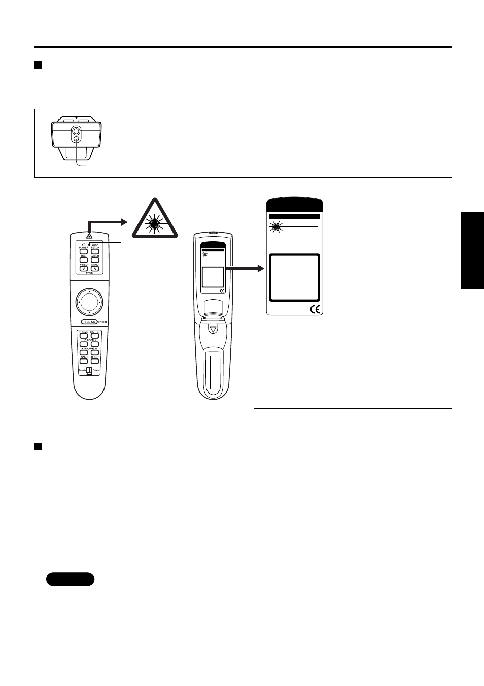Warning, Caution, Using laser pointer | Setting projector ids for remote control, English, Press the “id set” button on remote control, Id number “all” will be displayed on the osd | Luce PT-L6510E User Manual | Page 15 / 50