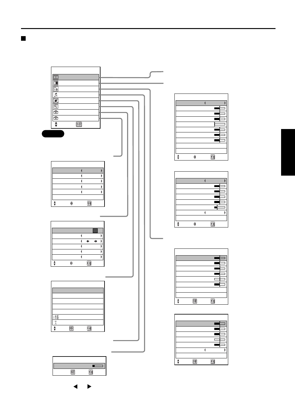 On-screen menus, Menu screens, English | Index window function (page 29) main menu, Volume adjustment, Position (pages 32 and 33) | Luce PT-L6510E User Manual | Page 27 / 50