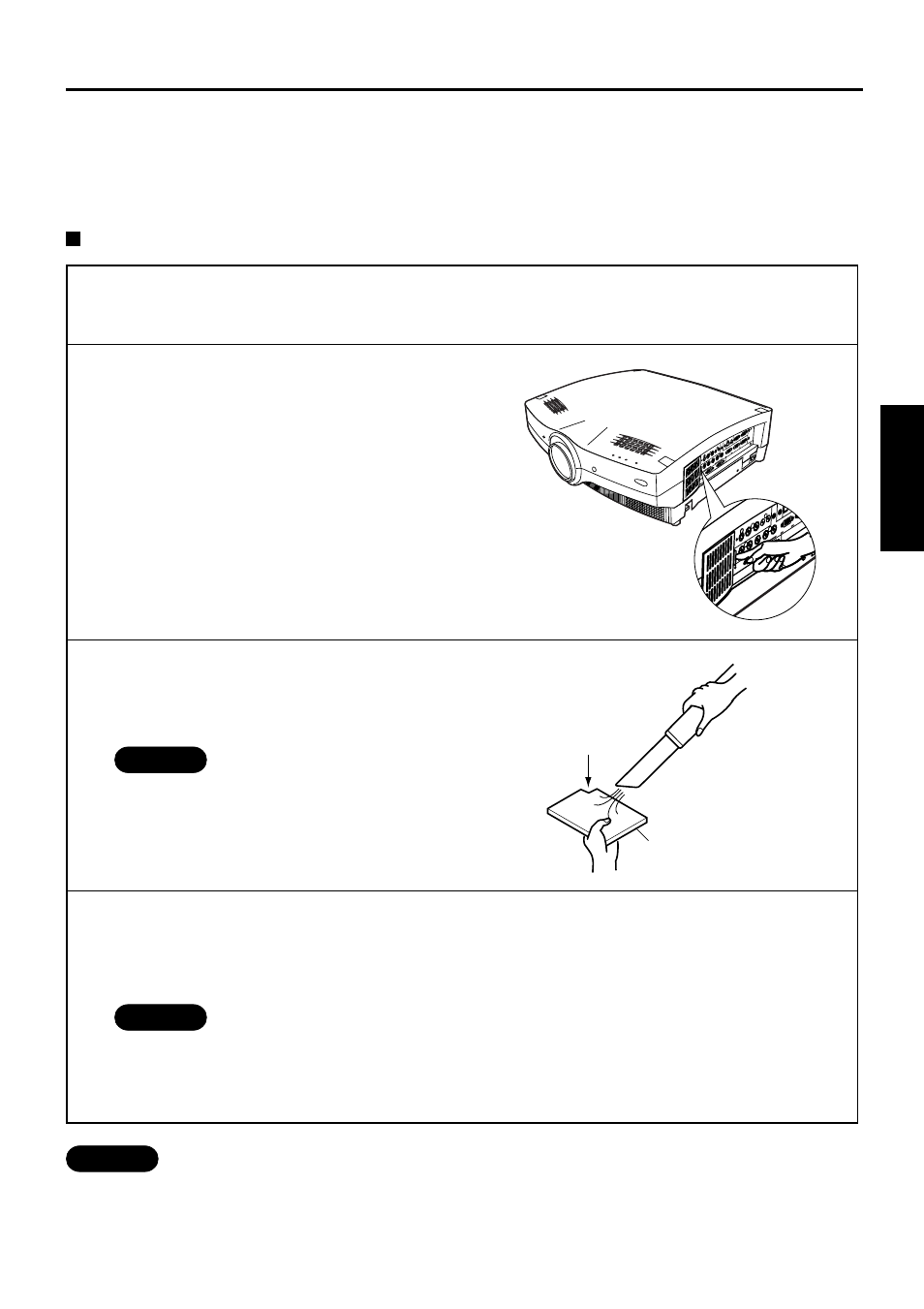 Cleaning and replacing the air filter, Cleaning method, English | Attach the air filter and cover, Remove the air filter cover, Clean the air filter, Turn the main power off and remove the power plug, Caution, Remove accumulated dust using a vacuum cleaner, P c < air filter notch | Luce PT-L6510E User Manual | Page 41 / 50