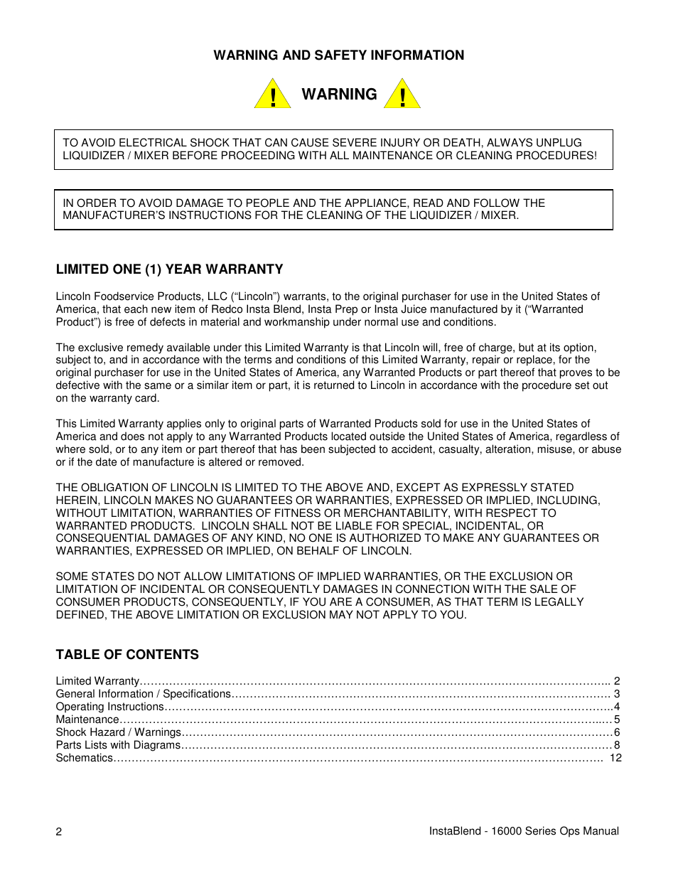 Warning | Lincoln REDCO INSTABLEND 16900 User Manual | Page 2 / 16