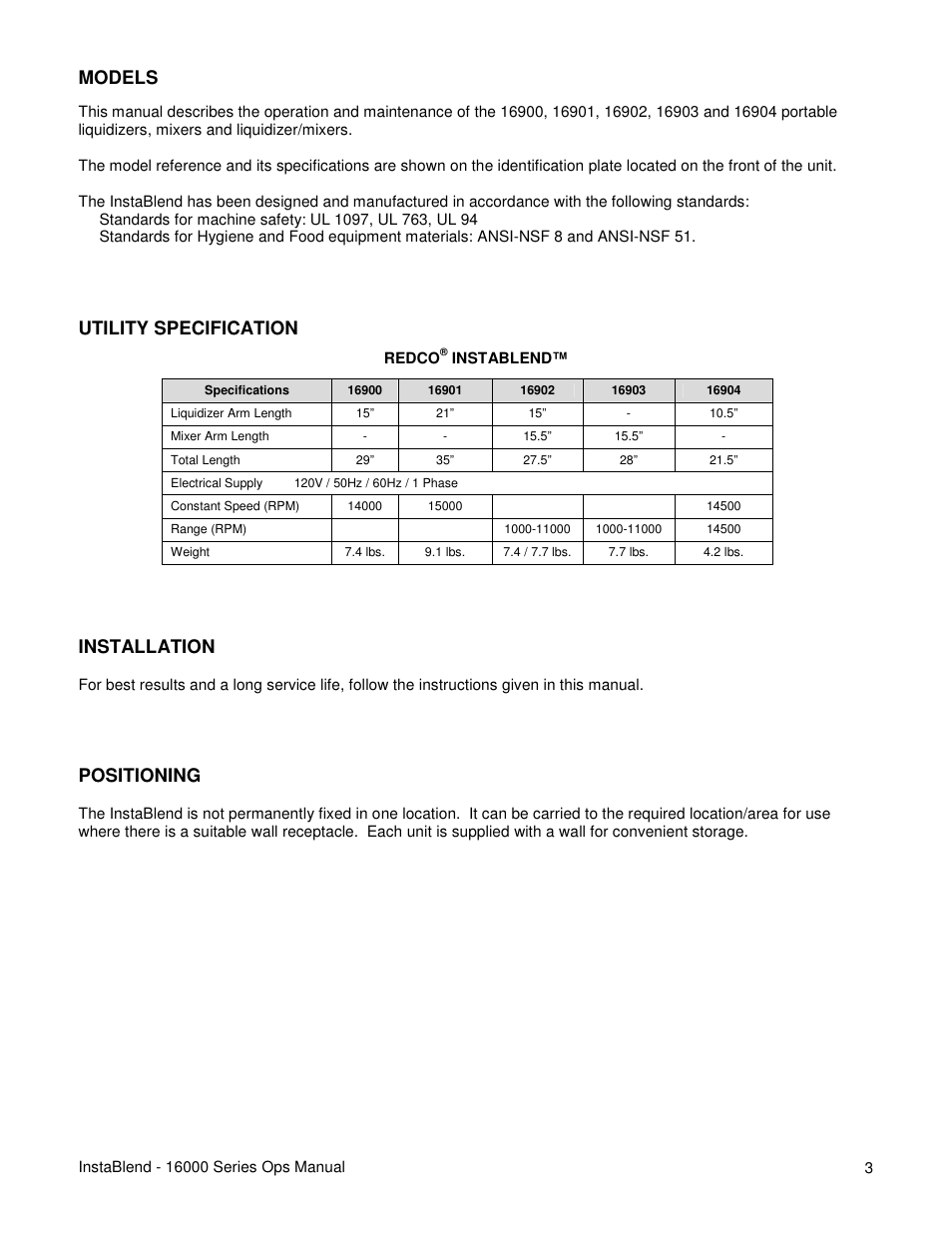 Models, Utility specification, Installation | Positioning | Lincoln REDCO INSTABLEND 16900 User Manual | Page 3 / 16