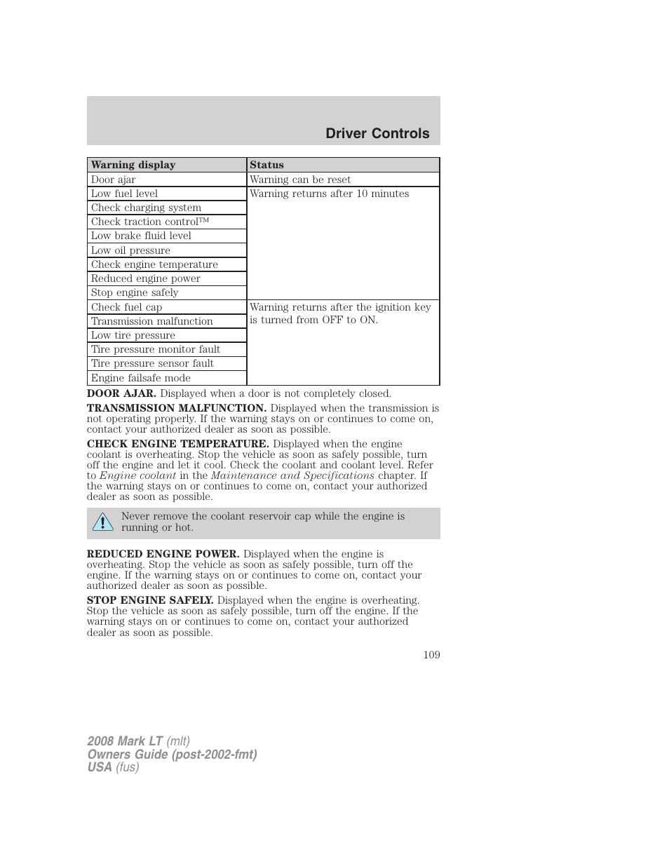 Driver controls | Lincoln 2008 Mark LT User Manual | Page 109 / 328