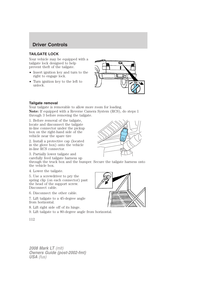 Tailgate lock, Tailgate removal, Tailgate | Driver controls | Lincoln 2008 Mark LT User Manual | Page 112 / 328