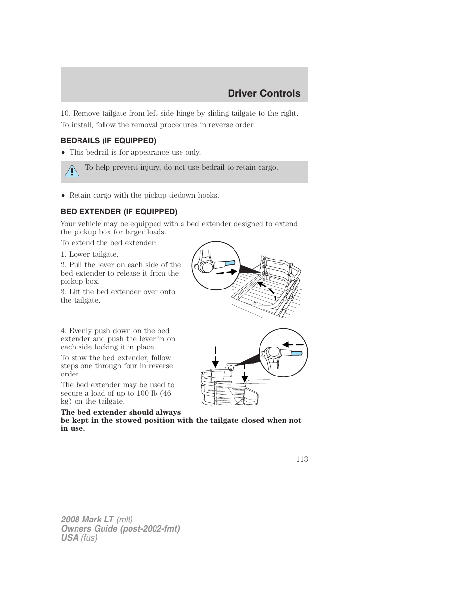 Bedrails (if equipped), Bed extender (if equipped), Driver controls | Lincoln 2008 Mark LT User Manual | Page 113 / 328