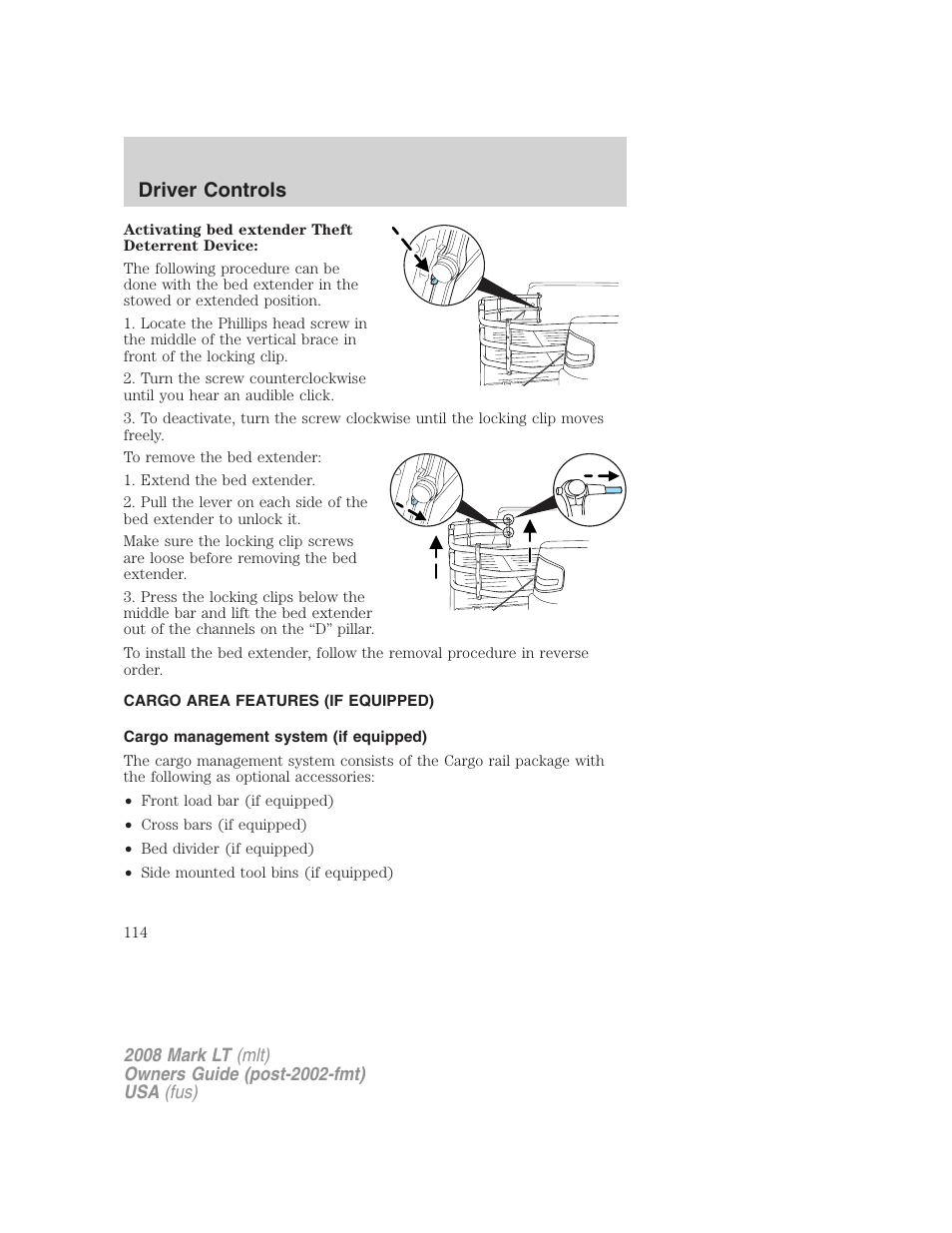 Cargo area features (if equipped), Cargo management system (if equipped), Driver controls | Lincoln 2008 Mark LT User Manual | Page 114 / 328