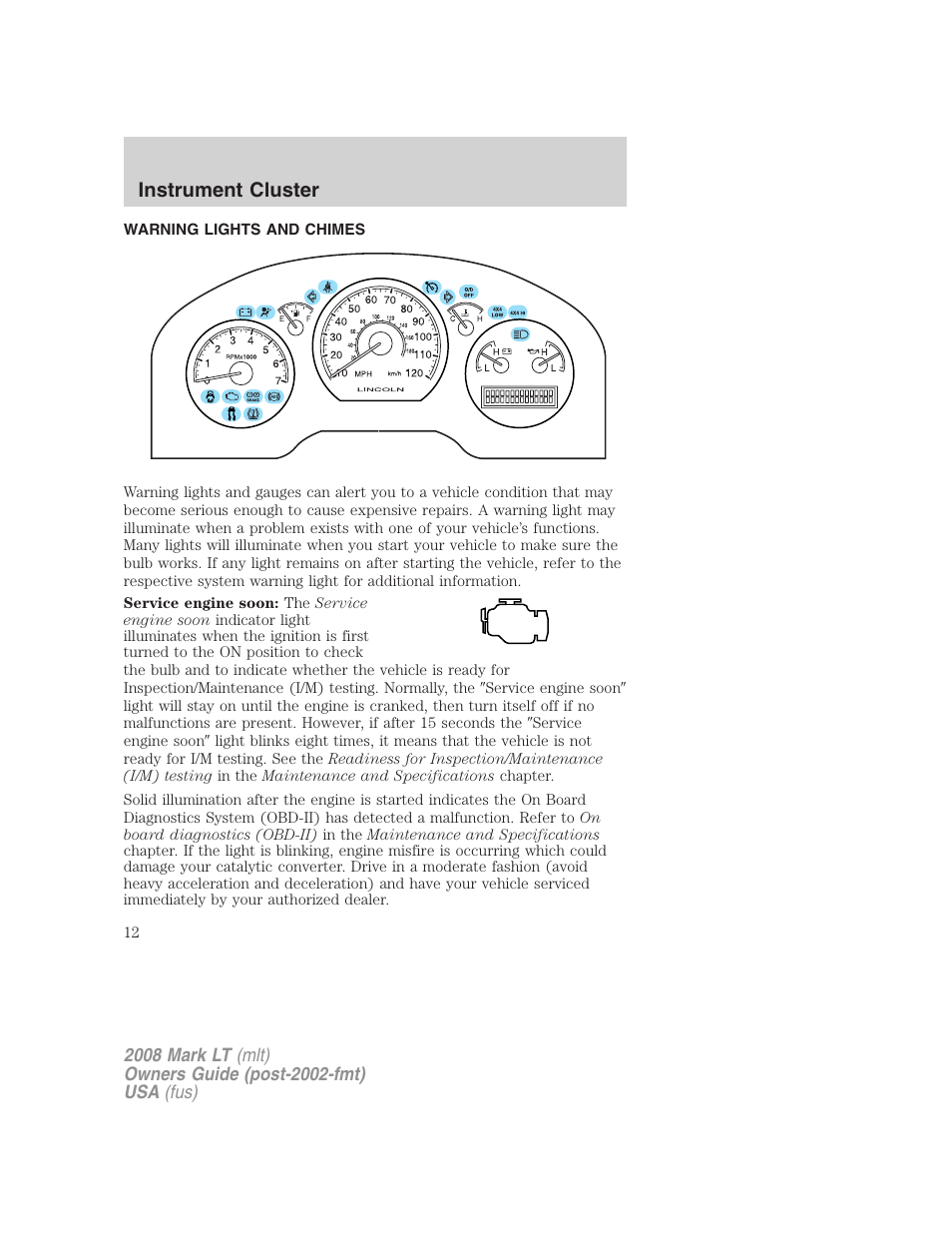 Instrument cluster, Warning lights and chimes | Lincoln 2008 Mark LT User Manual | Page 12 / 328