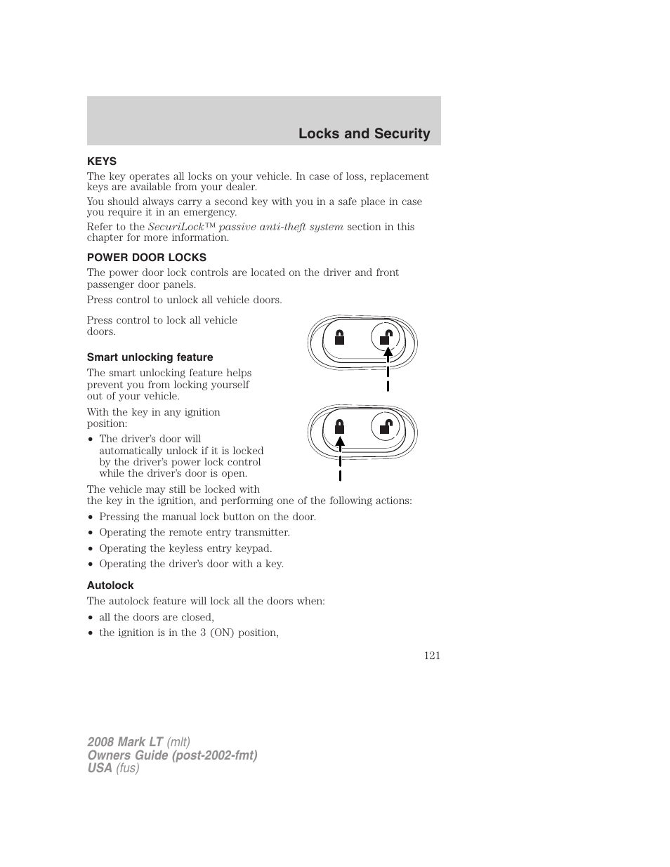 Locks and security, Keys, Power door locks | Smart unlocking feature, Autolock, Locks | Lincoln 2008 Mark LT User Manual | Page 121 / 328