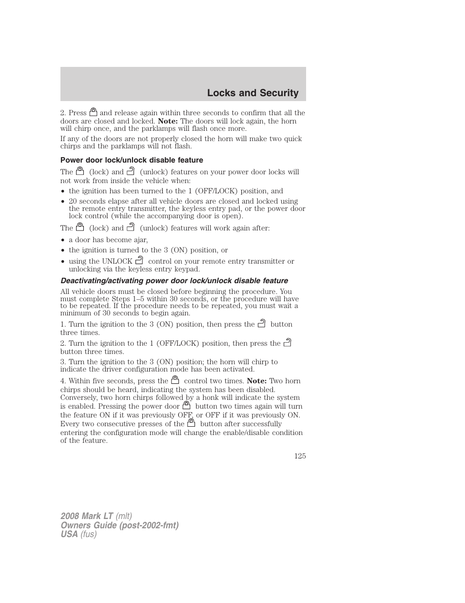 Power door lock/unlock disable feature, Locks and security | Lincoln 2008 Mark LT User Manual | Page 125 / 328