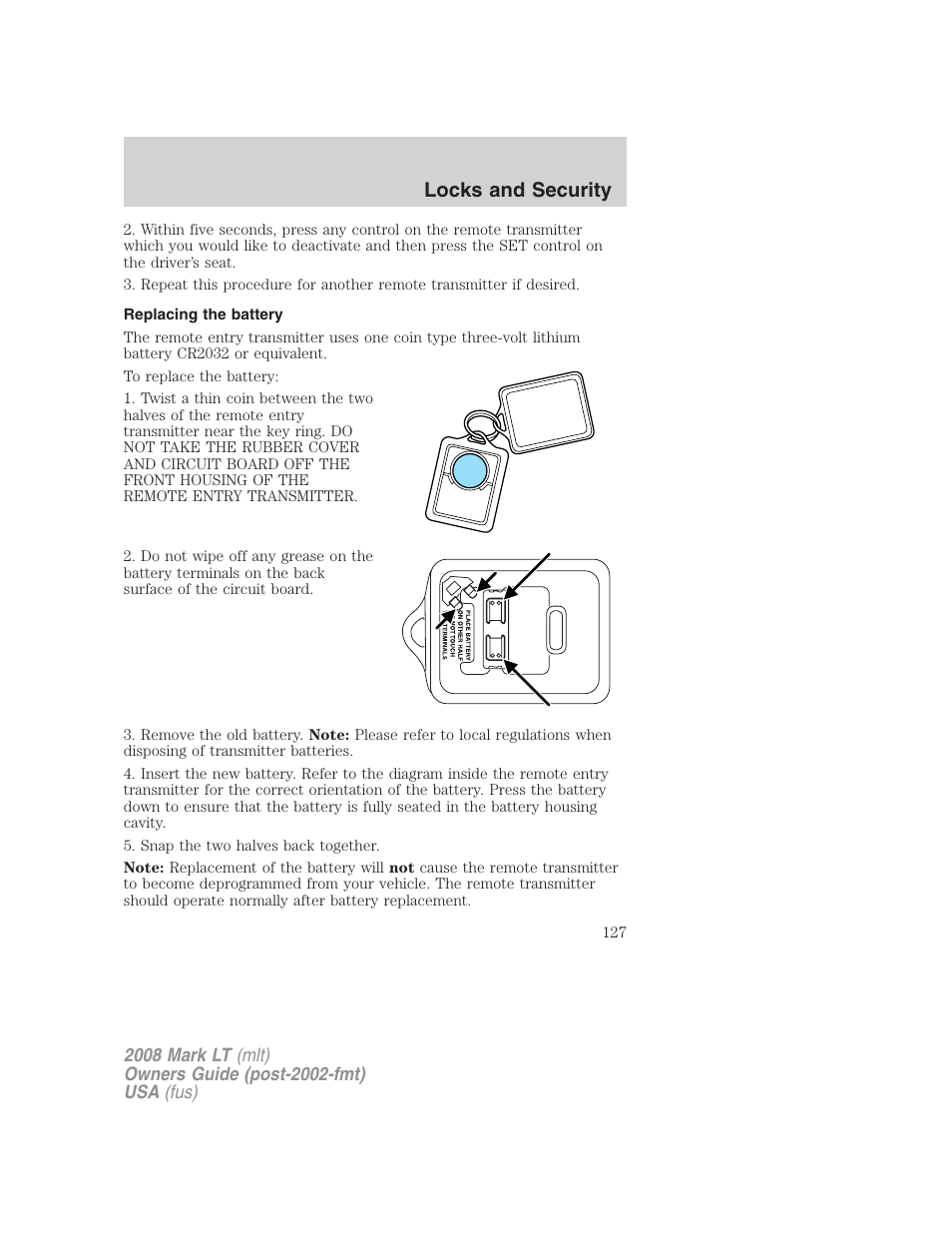 Replacing the battery, Locks and security | Lincoln 2008 Mark LT User Manual | Page 127 / 328