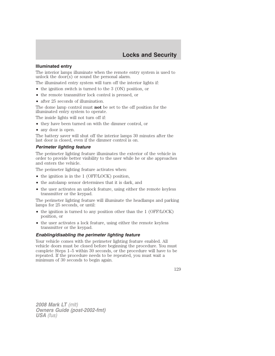 Illuminated entry, Perimeter lighting feature, Enabling/disabling the perimeter lighting feature | Locks and security | Lincoln 2008 Mark LT User Manual | Page 129 / 328