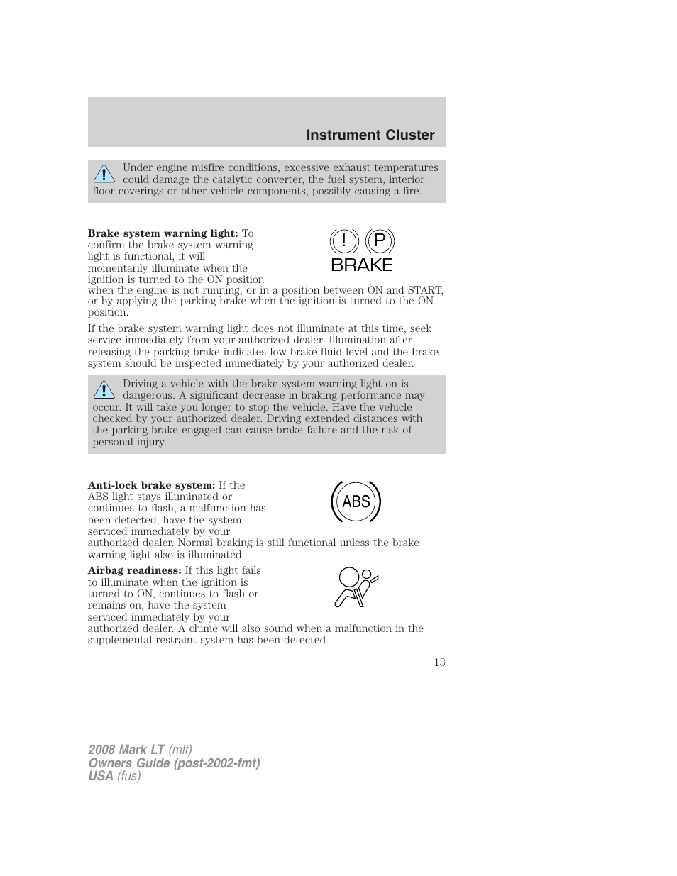 P! brake abs | Lincoln 2008 Mark LT User Manual | Page 13 / 328