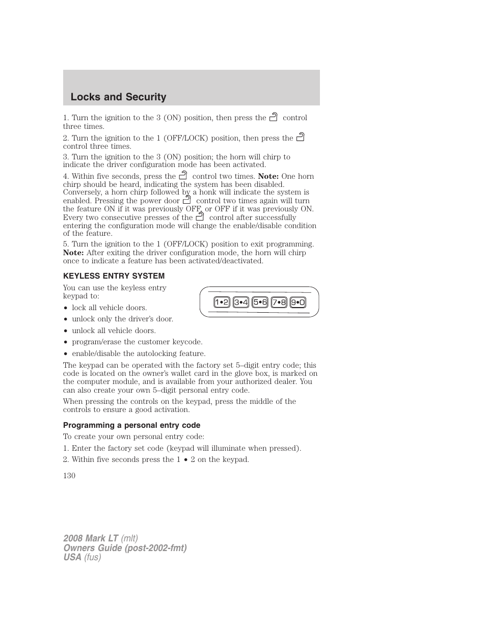 Keyless entry system, Programming a personal entry code, Locks and security | Lincoln 2008 Mark LT User Manual | Page 130 / 328