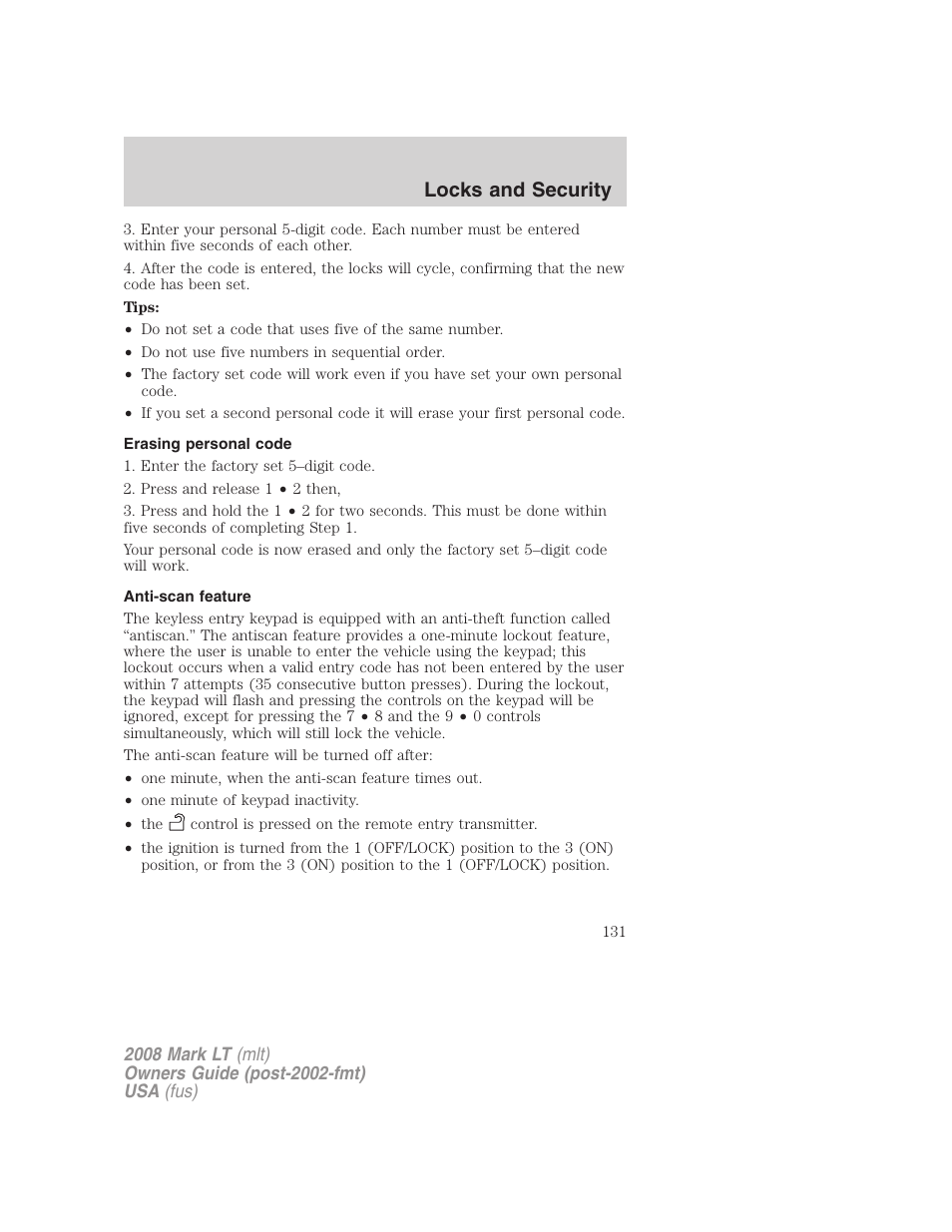 Erasing personal code, Anti-scan feature, Locks and security | Lincoln 2008 Mark LT User Manual | Page 131 / 328