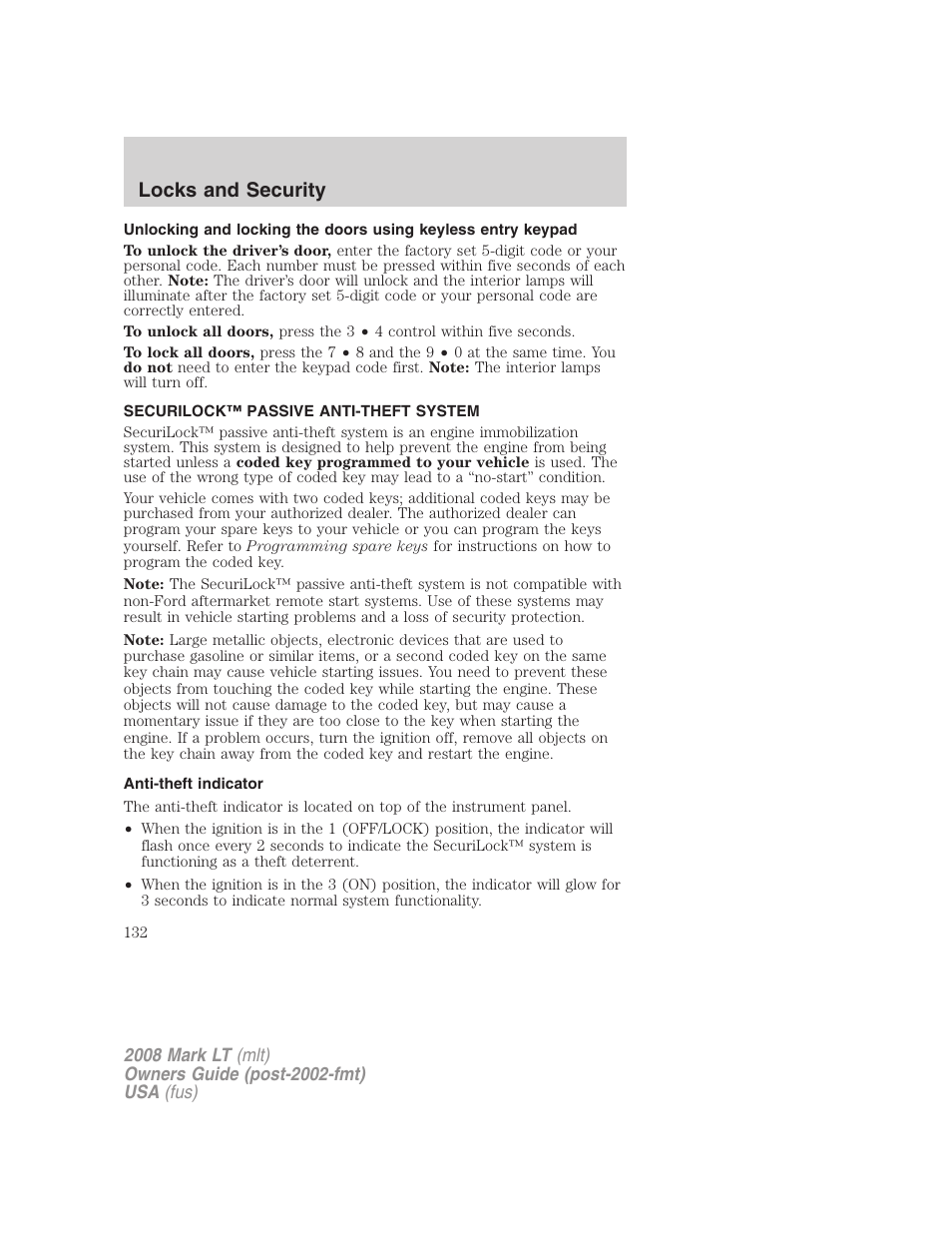 Securilock™ passive anti-theft system, Anti-theft indicator, Anti-theft system | Locks and security | Lincoln 2008 Mark LT User Manual | Page 132 / 328