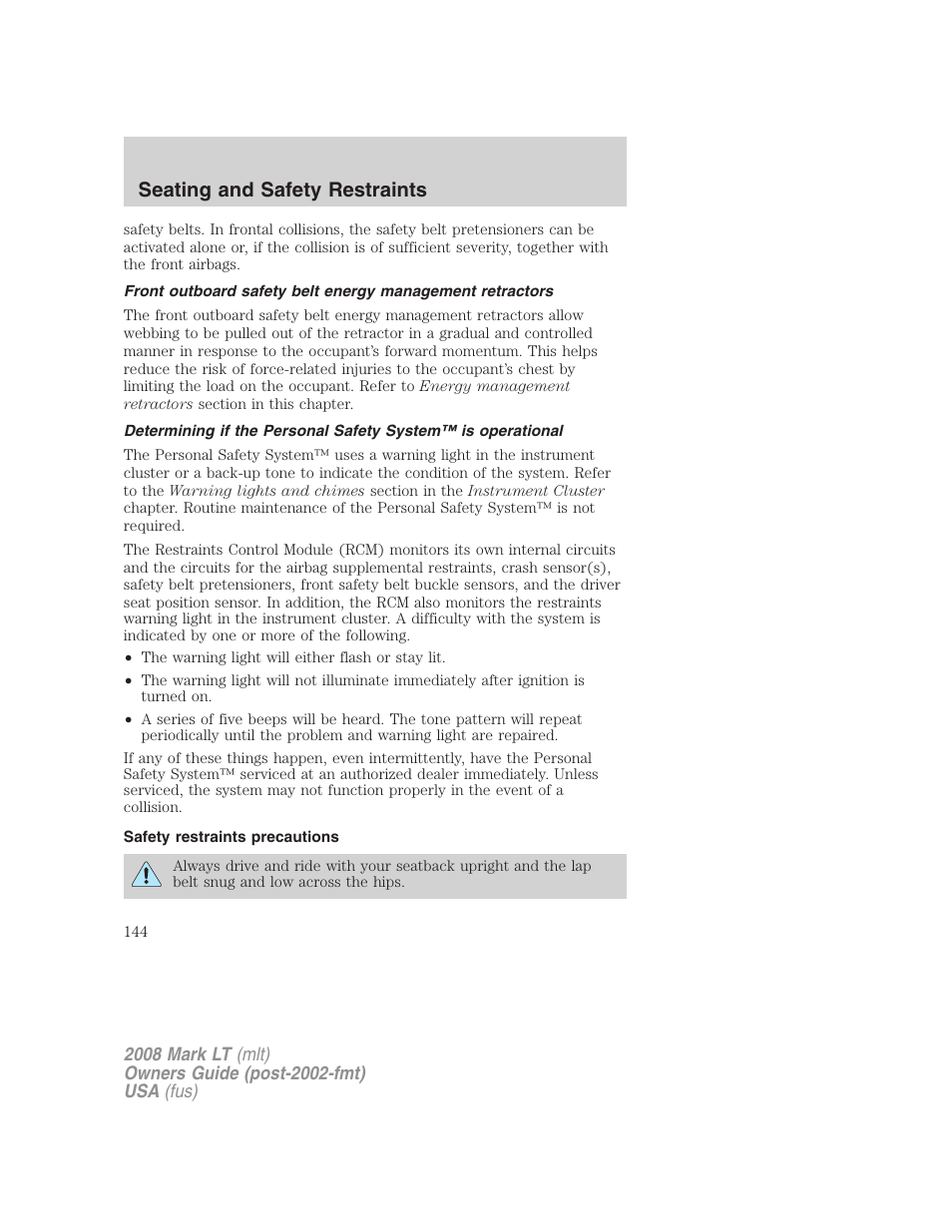 Safety restraints precautions, Seating and safety restraints | Lincoln 2008 Mark LT User Manual | Page 144 / 328